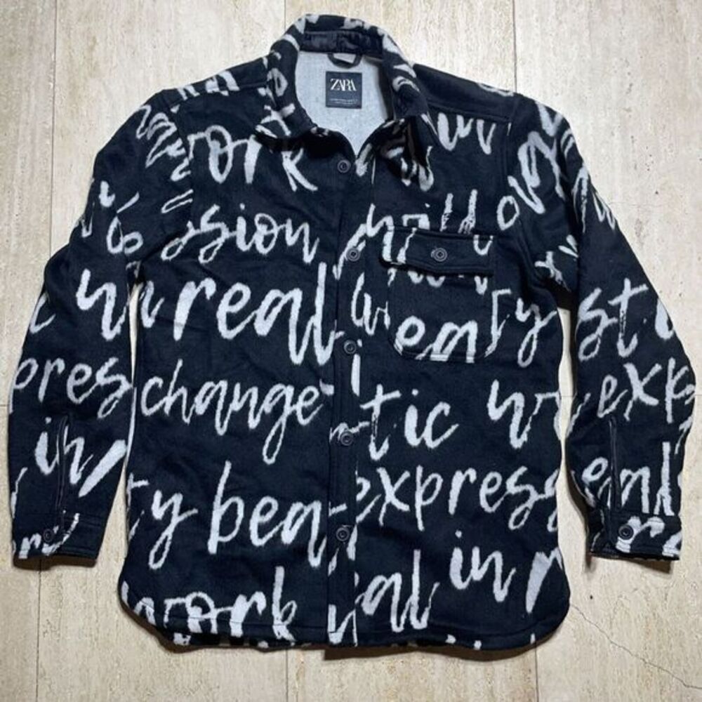 Zara Men's Black/White Graffiti Print Fleece Jacket Letter Motif‎ size S